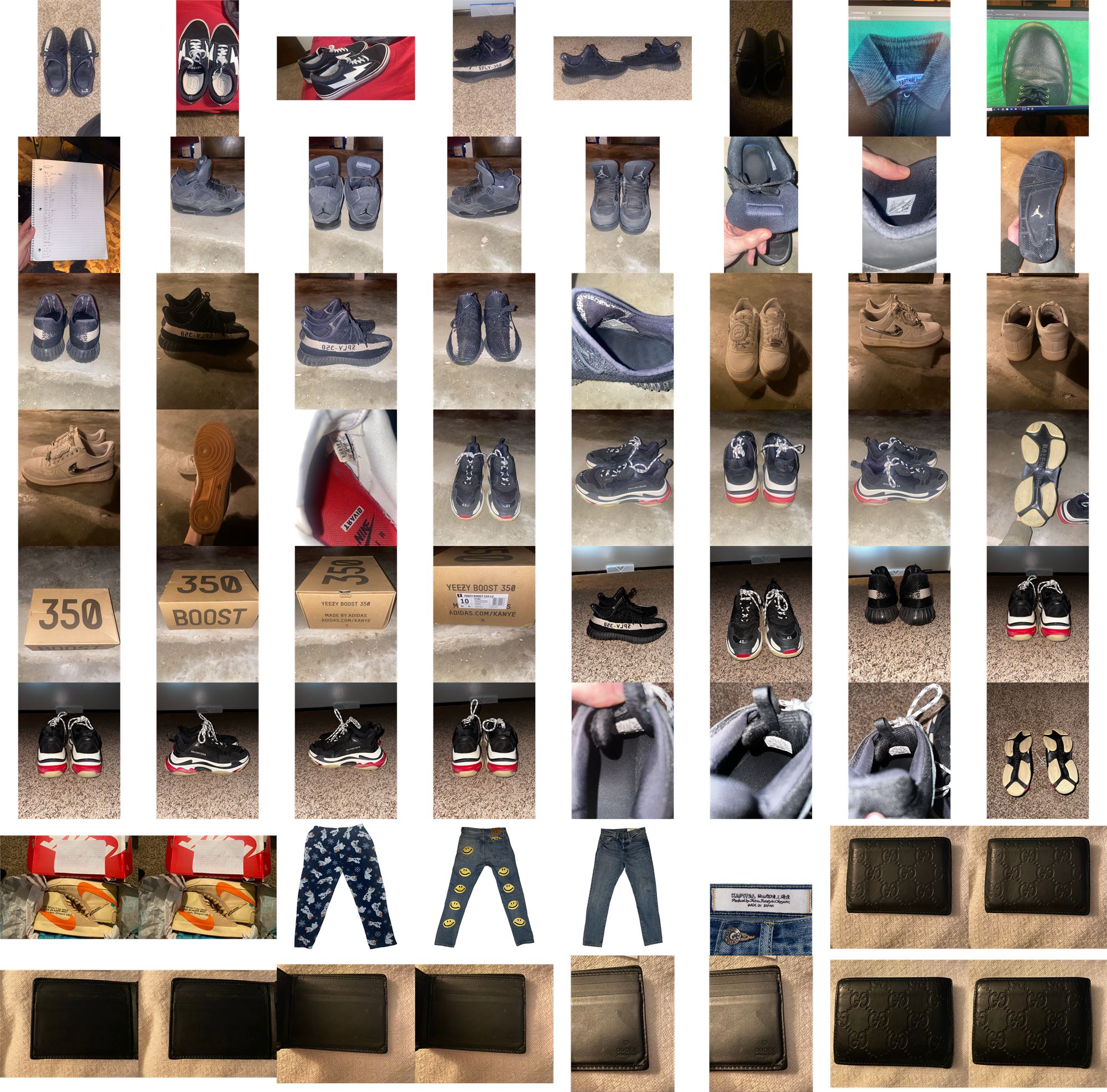 Early-stage Barcode Garments product photography: contact-sheet collage of resale items — sneakers, jeans, and accessories.