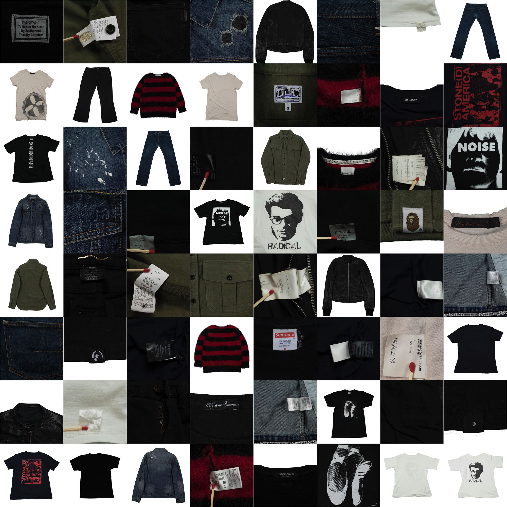Current Barcode Garments product photography and inventory presentation: collage of second-hand designer garments and labels.