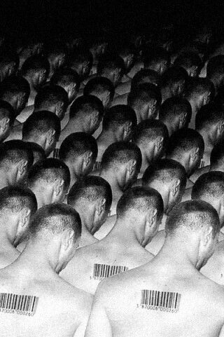 Black and white Barcode Garments concept image of a crowd seen from behind with barcodes printed on their backs.