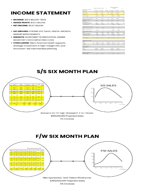 Income statement summary with spring/summer and fall/winter six-month plan diagrams.